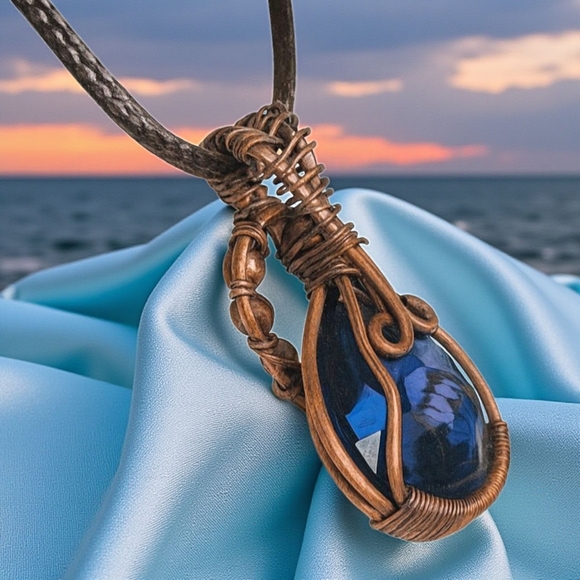 🆕️ Boho Chic Deep Blue Quartz Copper Wire Wrapped Pendant Statement Necklace - Picture 10 of 16